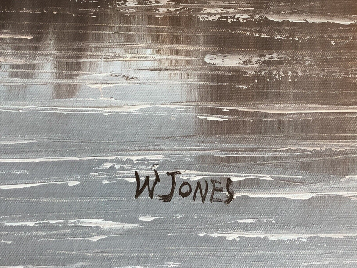中古】M▽W.JONES 油絵 漁港 船 海 港 (37866) 中古】M▽W.JONES