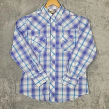 Wrangler Shirt Mens Large Pearl Snap Purple Blue White Plaid Western Cowboy