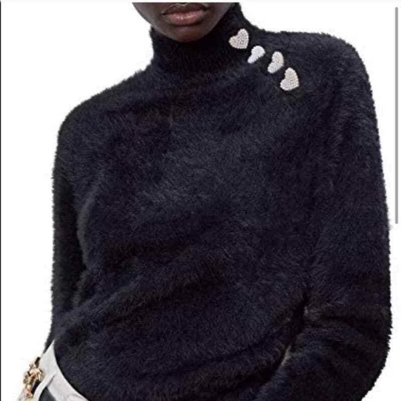 Zara Black Fuzzy Fur Sweater with Heart Buttons Size Small