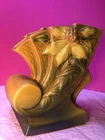 1944 ROSEVILLE CLEMATIS AUTUMN BROWN 193-6 Cornucopia Fan Vase mustard & green