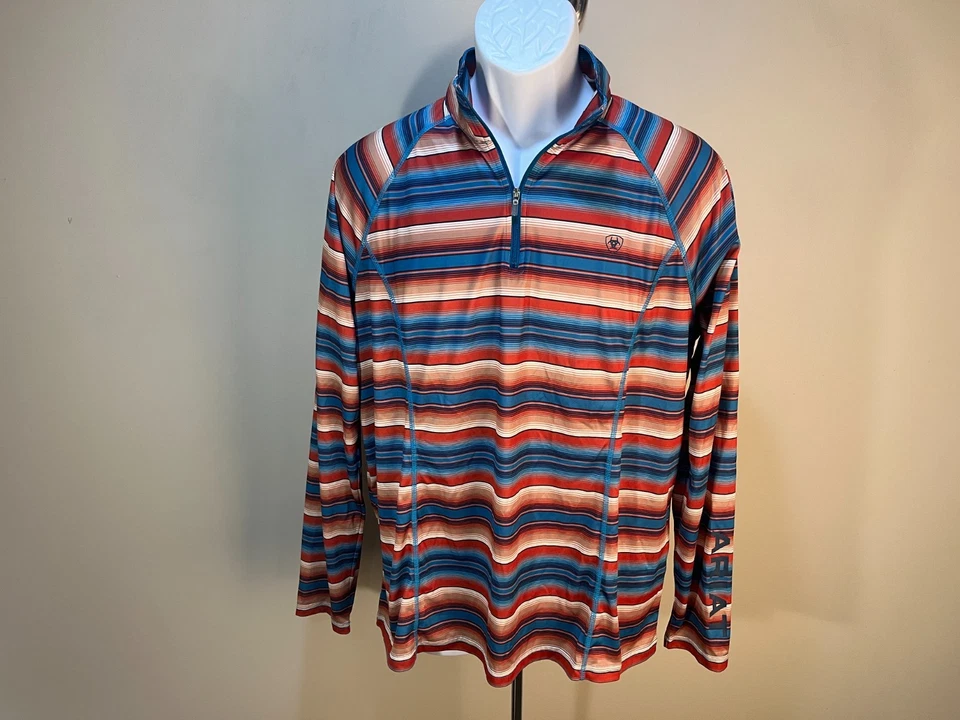 Ariat Women's blue, orange and white striped 1/2 zip Jacket shirt XXL 2XL Tek - Image 2 of 4