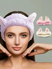 Soft Coral Plush Cat Ear Headband Bow Hair Band Makeup Spa Beauty Tool