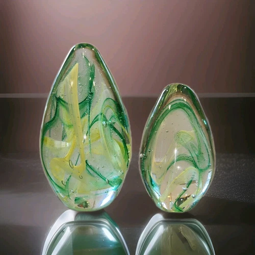 Set Of 2 Heavy Green & Light Green Swirl Egg Shape Paperweights Murano Style