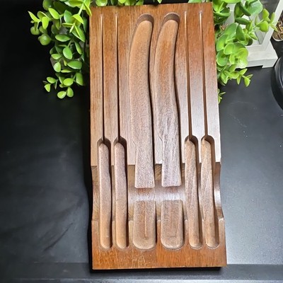 Wood In-Drawer Knife Organizer Tray, 6-Slot Walnut Brown, Made in Yugoslavia