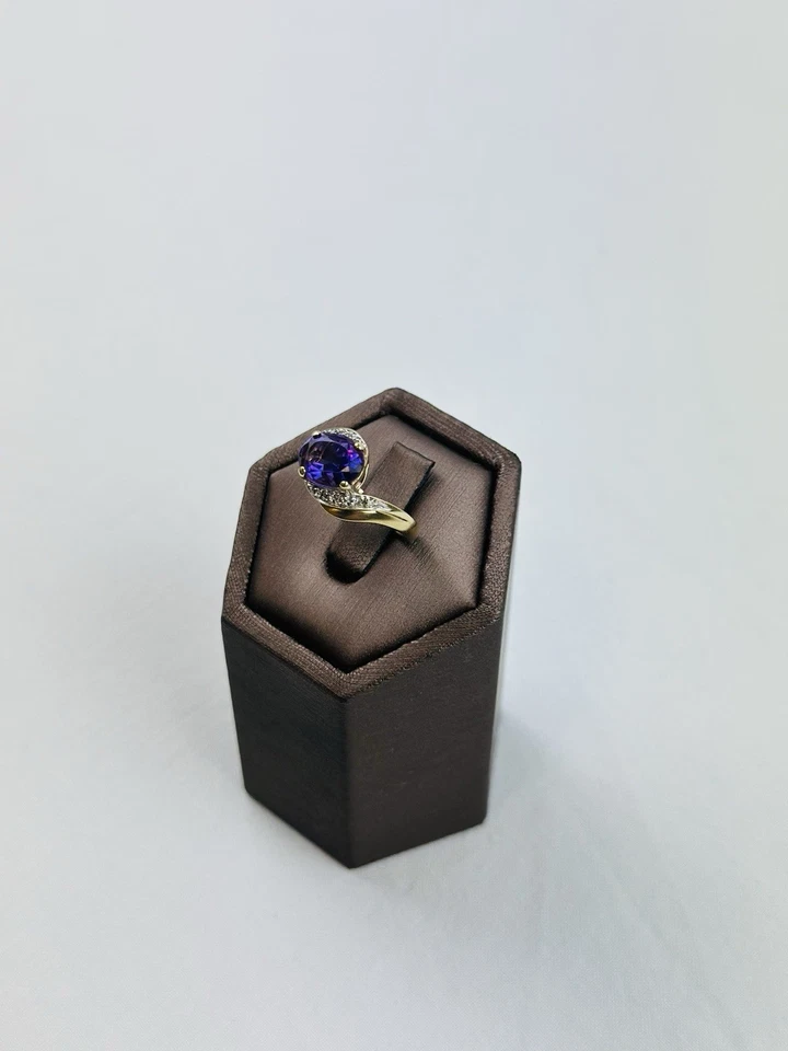 Кольцо из золота 9 карат с аметистом и бриллиантом, винтажный клейменный натуральный аметист  - Изображение 4 из 4