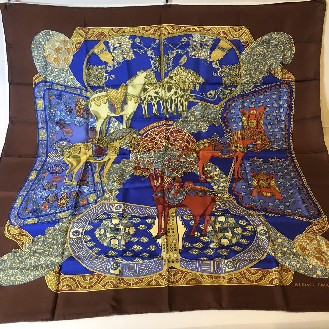 Hermes Carre 90 Silk Scarf Blue Horse Pattern No Box Pre-Owned Excellent
