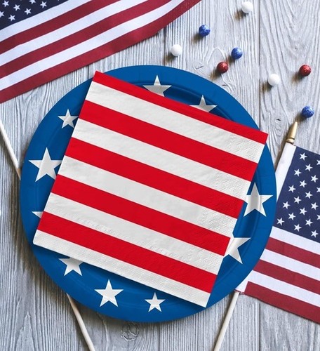 Platos y servilletas de papel desechables con bandera americana patriótica 4 de julio suministros para fiestas - Imagen 16 de 16