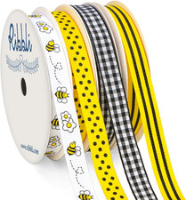Bumble Bee Ribbon,Bee/Polka Dots/Black Gingham/Yellow Black Stripe Ribbon Use fo