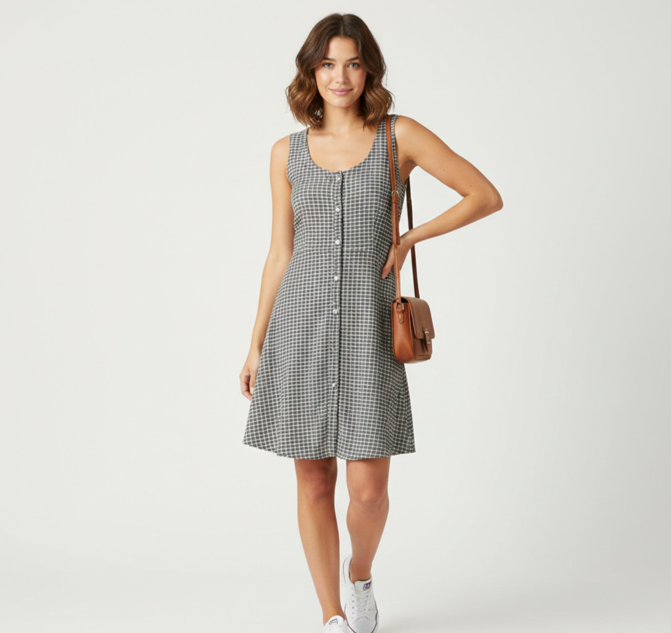 Ginger Women's Black White Fit Flare Plaid Mini Button Pocket Dress Size M