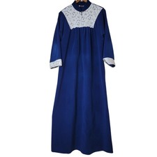 VTG 1970s Vanity Fair Fleece Lace Trim Navy Full Length Zip Housecoat Robe S