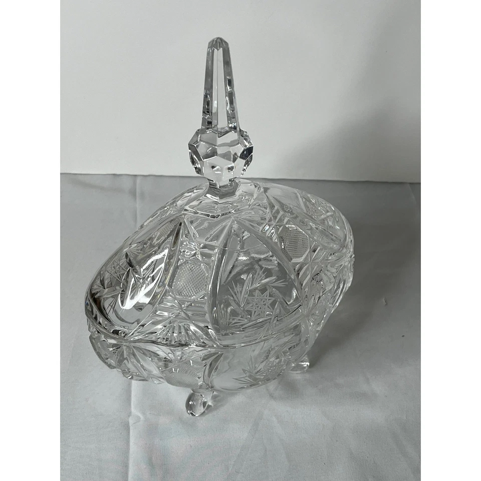 Plato de caramelo de cristal alto vintage con patas con tapa de vidrio cortado patrón Starburst pesado Foto 2 de 4