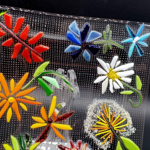 Fused Glass Square Dish Clear w/ Controlled Bubbles & Raised Colorful Flowers 8" - Picture 2 of 4