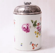 Antique Porcelain German Beer Stein Hand Painted w/Silver Lid Meissen c.1760
