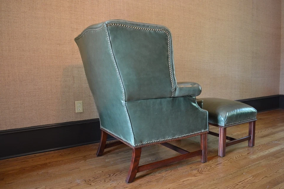 Late 20th Century Leather Chippendale Wing Chair and Ottoman - Image 3 of 4