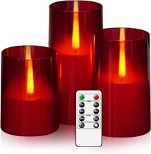 Red Flameless LED Candles with Remote Timer Realistic Flicker Set of 3 Battery O