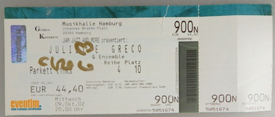 Autogramm franz. Sängerin Juliette Greco auf Eintrittskarte 2002 (132055)