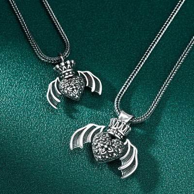 Regal Winged Heart Pendant S925 Sterling Silver Gothic Crown Dark Romance Amulet
