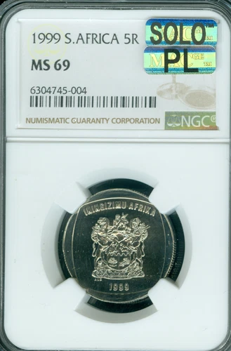 1999 SOUTH AFRICA 5 RAND NGC MS69 MAC SOLO PL FINEST GRADE & SPOTLESS RARE * 