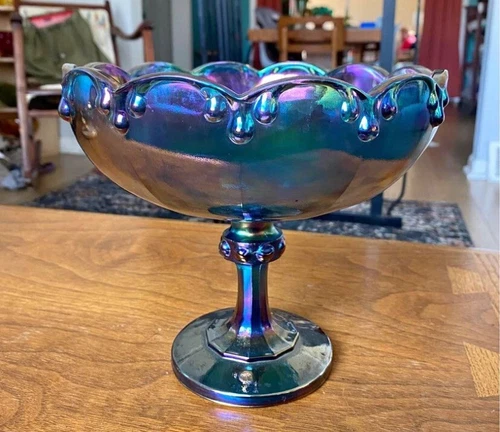 Vtg Carnival Glass Iridescent Blue Garland Pedestal Compote Bowl Great Color!