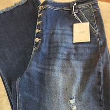 New KANCAN High Rise Flare Fringe Distressed Denim Blue Jeans Stretch 22W Button