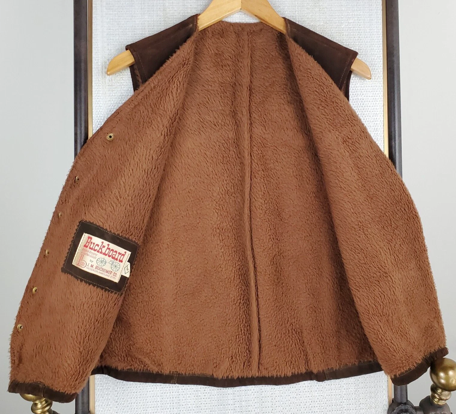 VTG BUCKBOARD Maryland Size 40 Mens Thick Suede Sherpa Snap Vest Western Brown - product detail image 5