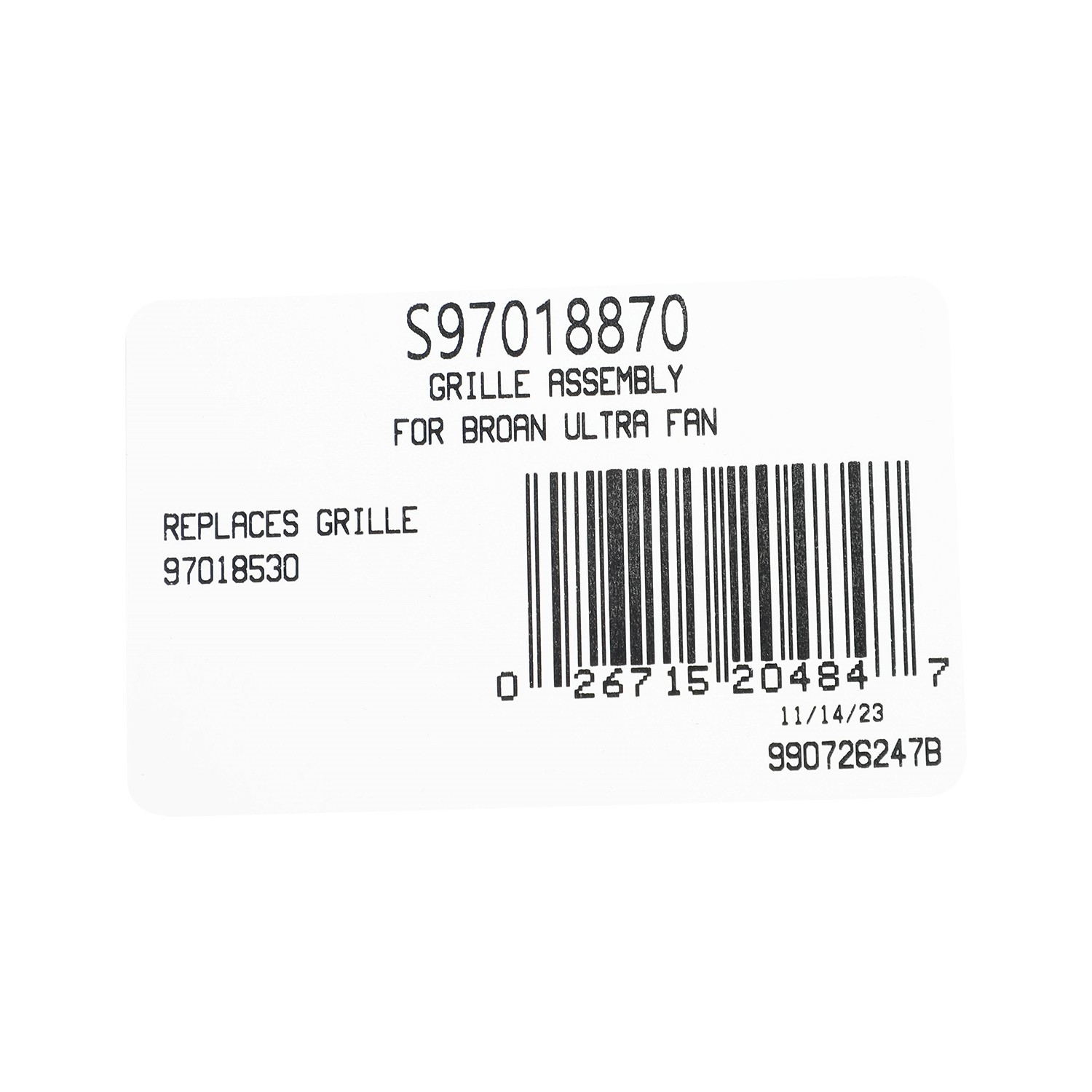 Broan S97018870 Appliance Srv Assy Grille Broan Ultra Fan