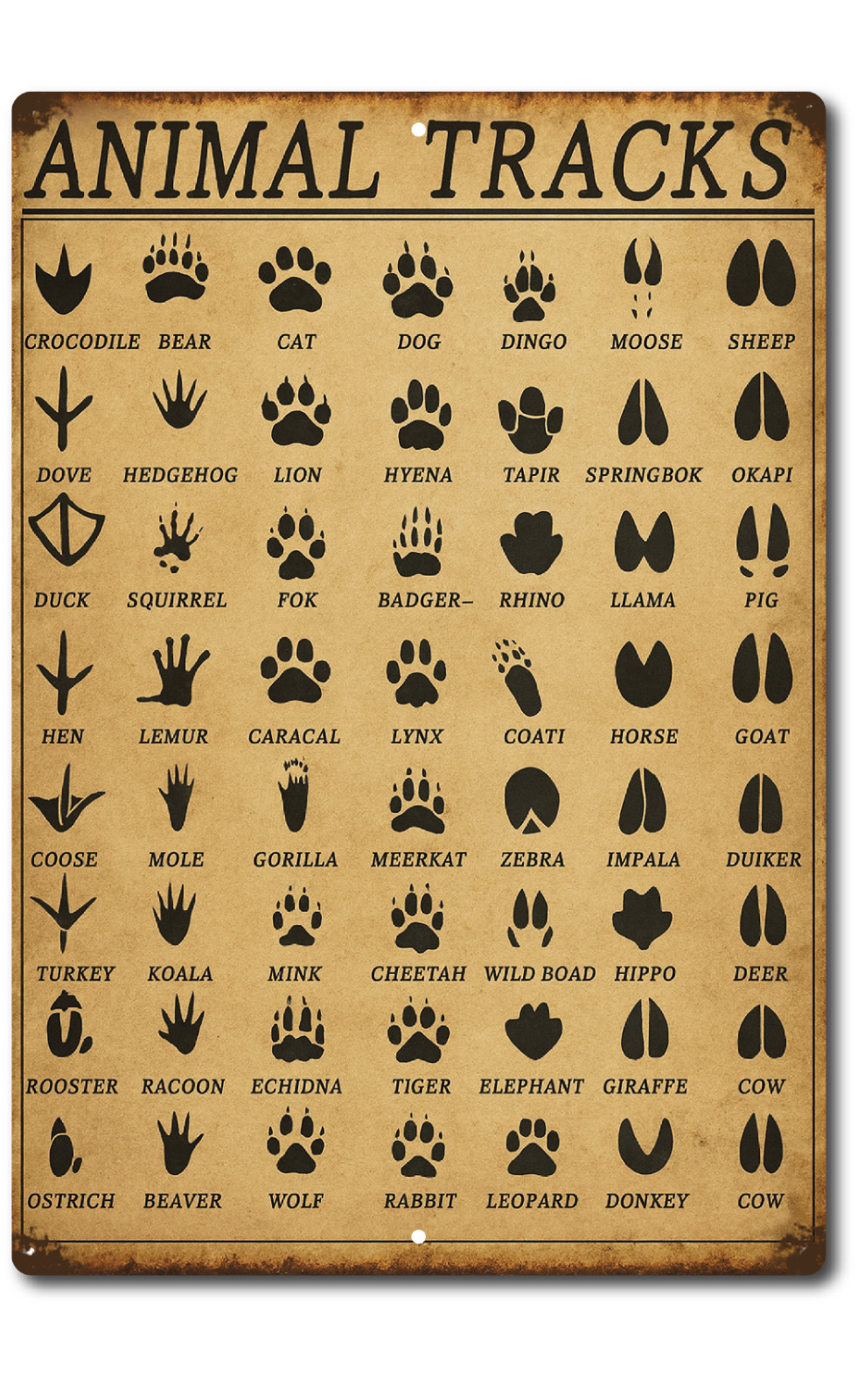 Animal Tracks Sign 8x12 Aluminum Vintage Rustic Wall Decor Wildlife Footprints