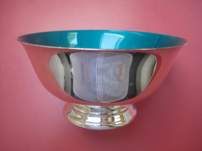 REED & BARTON TEAL GREEN ENAMEL SILVER PLATED BOWL #102