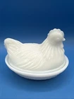 Hazel Atlas White Milk Glass VTG Chicken Hen On Nest Dish 4.25" X 3.5"