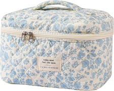 Large Travel Quilted Makeup Bag for Women, Floral Cotton Cosmetic Bag, Coquette