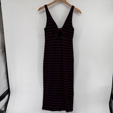 Express Women Small Black Pink Striped Ribbed Tie Front Midi Bodycon Dress