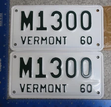 Vermont Vt License Plate Tag Motorcycle Pair Set MC 1960 60 M1300 Green Mountain