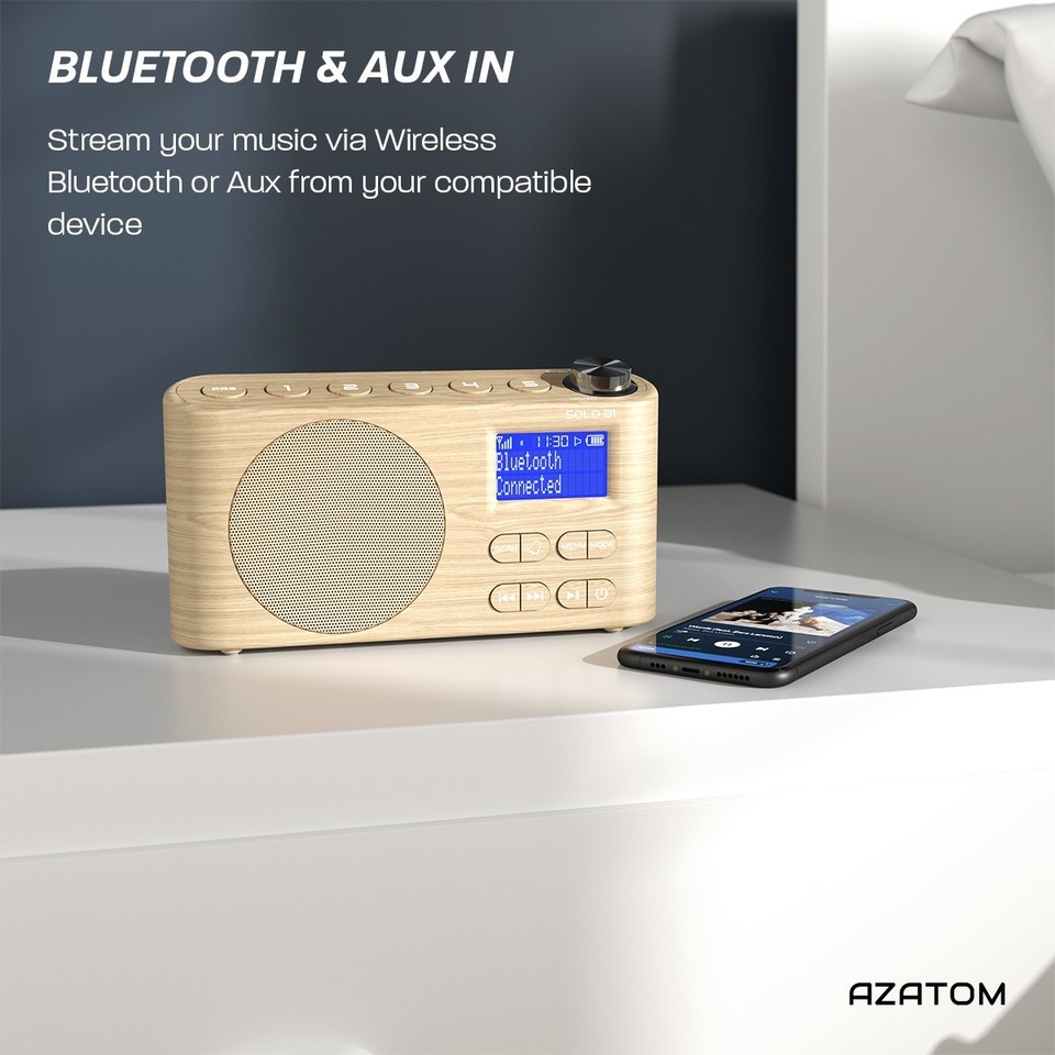 DAB+ DAB FM Radio Speaker Alarm Bluetooth Rechargeable Clock AZATOM ...