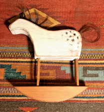Vintage Handmade FOLK ART Wooden Rocking Horse w/Horse Hair Tail  Mane 9" Tall
