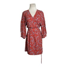 Allison Jay red floral 3/4 sleeves lined wrap dress size Small