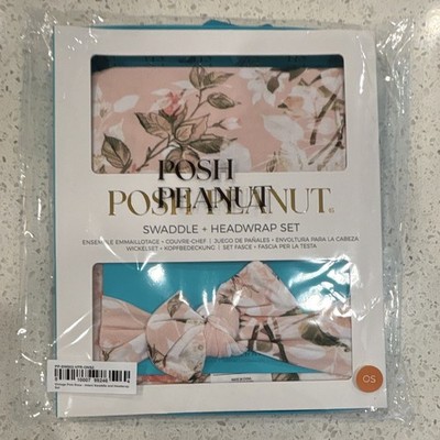 Posh Peanut Pink Rose Floral Bamboo Viscose Swaddle + Headwrap Set 44x44''