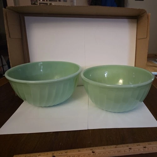 2 Fire King Jadeite Swirl Mixing Serving Bowls. 9”