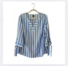 NEW Shein Curve Women's Blue Striped Blouse Plus Size 1XL Tie Sleeve Top