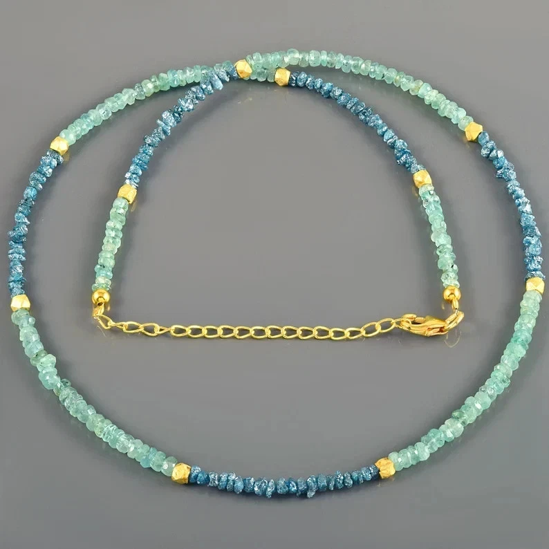 Handgefertigte Natur Blue Diamond & Emerald Nugget Beaded 925 Silberkette - Bild 3 von 4