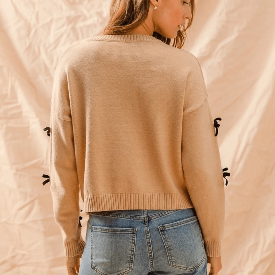 Женские SO ME лента бант аппликация свитер желтовато-коричневый черный бант акценты sz XL - Изображение 2 из 4