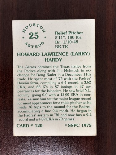 1975 SSPC #120 Larry Hardy AUTO San Diego Padres Houston Astros AUTOGRAPH Signed - Picture 2 of 2