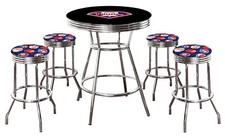 MLB 5PC Set Black Chrome Bar Table Team Logo Decal Fabric Seats Glass Top Option