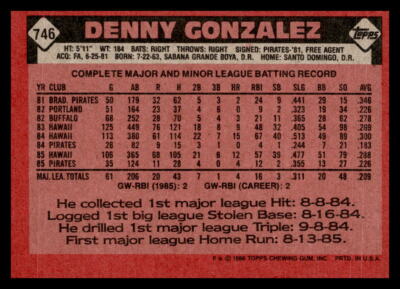 1986 Topps #746 Denny Gonzalez Pittsburgh Pirates Baseball Card | eBay