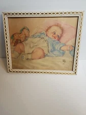 Maud Tousey Fangel 1940's Signed Framed Under Glass Baby Print 