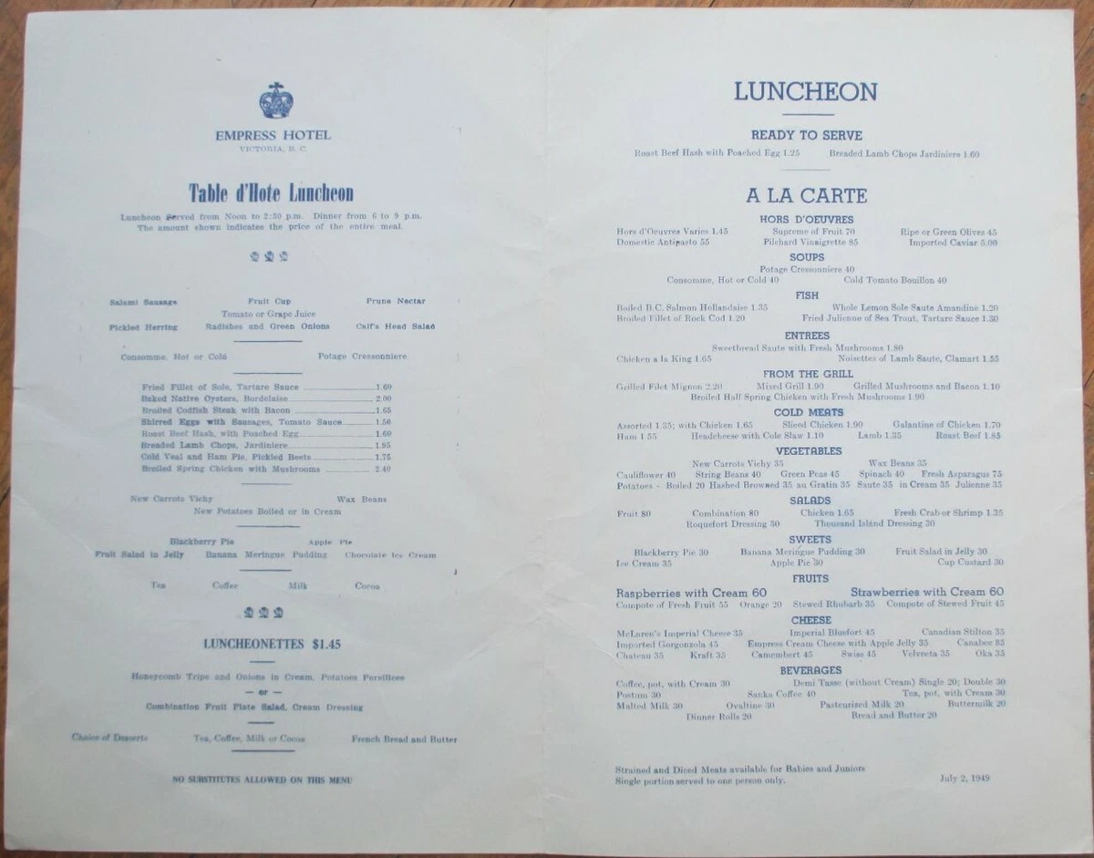 Empress Hotel Victoria BC Canada 1949 Restaurant Menu British