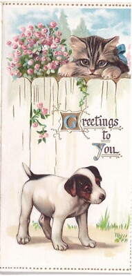 kitten peers over fence at puppy, artist B. Cobbe, R. Tuck