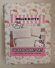 Hello Kitty Queen Sheet Set 100 Cotton White Pink Gold Star Bow Cat