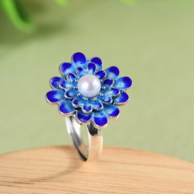 N05 Blue Flower Ring with White Freshwater Pearl Sterling Silver 925 Adjustable
