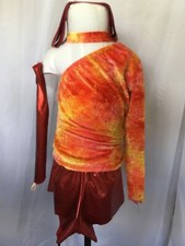 Child 2 Piece Jazz Dance Costume with Glove Orange Glitter Sequin Accent