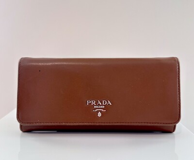 PRADA Lamb Leather Bifold Long Snap Closing Brown Credit Card